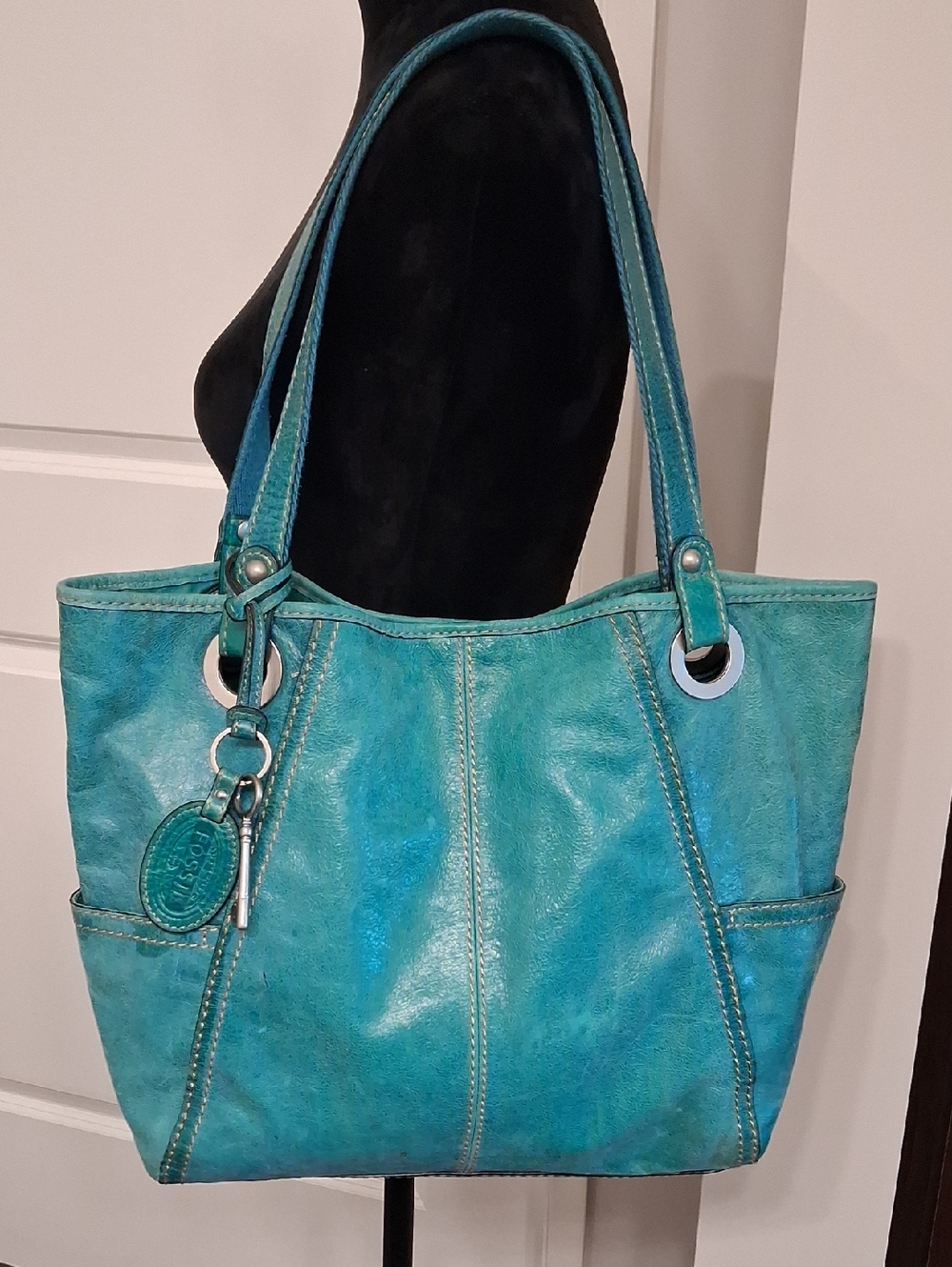 Fossil Hathaway Teal/Green Distressed Leather Shoulder Tote Bag